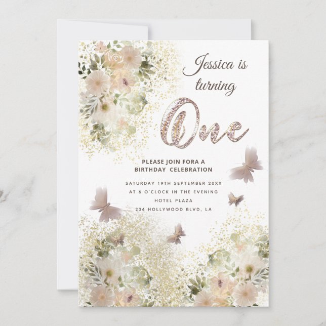 Invitation Jardin fleuri chic et doux papillon 1er anniversai (Devant)