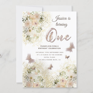 Invitation Jardin fleuri chic et doux papillon 1er anniversai