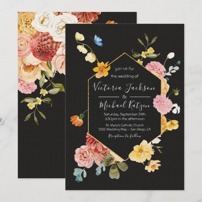 Invitation Jardin fleuri Foncé et Moody Mariage Invita (Devant / Derrière)