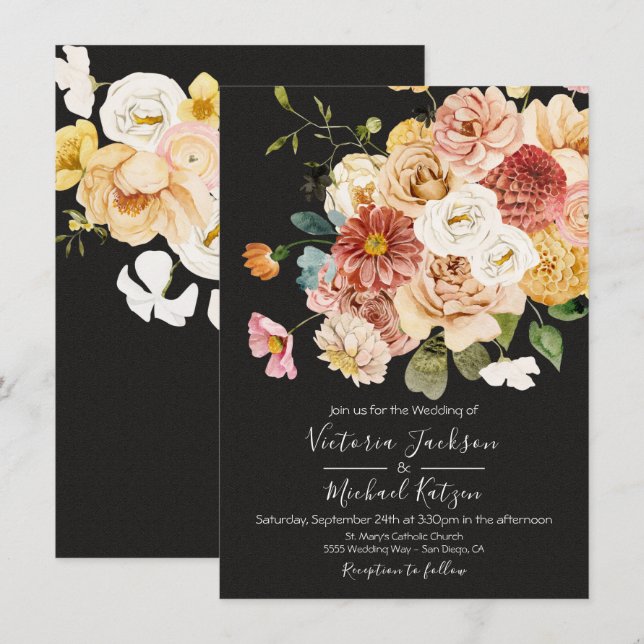 Invitation Jardin fleuri Mariage foncé et humide (Devant / Derrière)