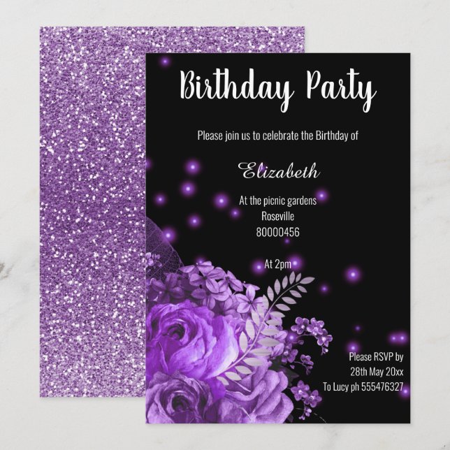 INVITATION JARDIN FLEURI NOIR ET ÉTONNANT ANNIVERSAIRE (Devant / Derrière)