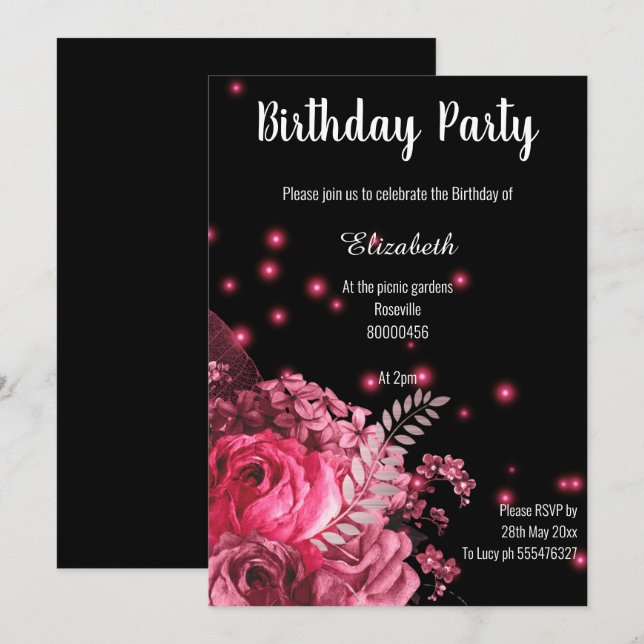 INVITATION JARDIN FLEURI ROSE NOIR ÉLÉGANT ANNIVERSAIRE (Devant / Derrière)