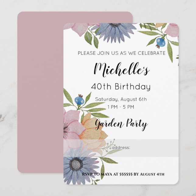 Invitation Jardin Fleurs aquarelles d'anniversaire (Devant / Derrière)