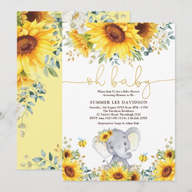 Invitation Jardin Fleurs de soleil Elephant Baby shower neutr (Devant / Derrière)