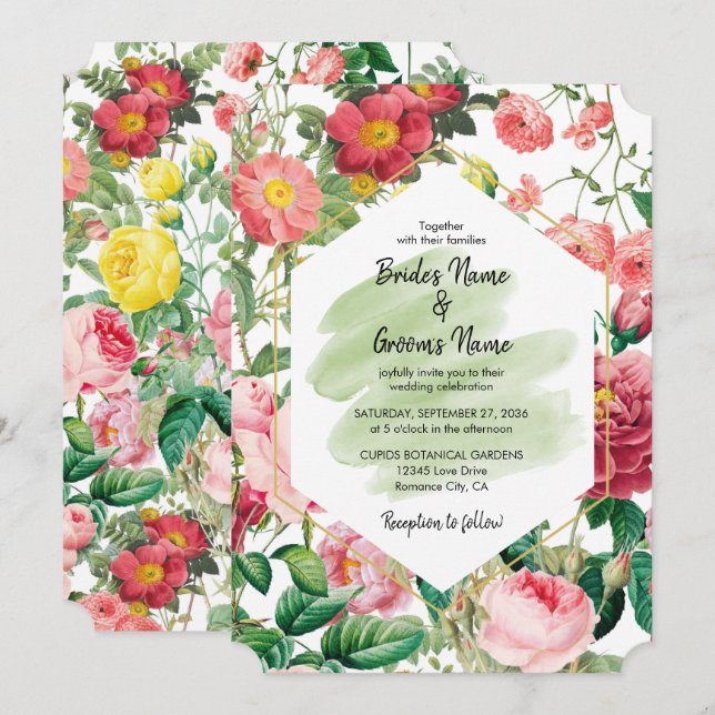Invitation Jardin floral, aquarelle et Mariage géométrique (Devant / Derrière)