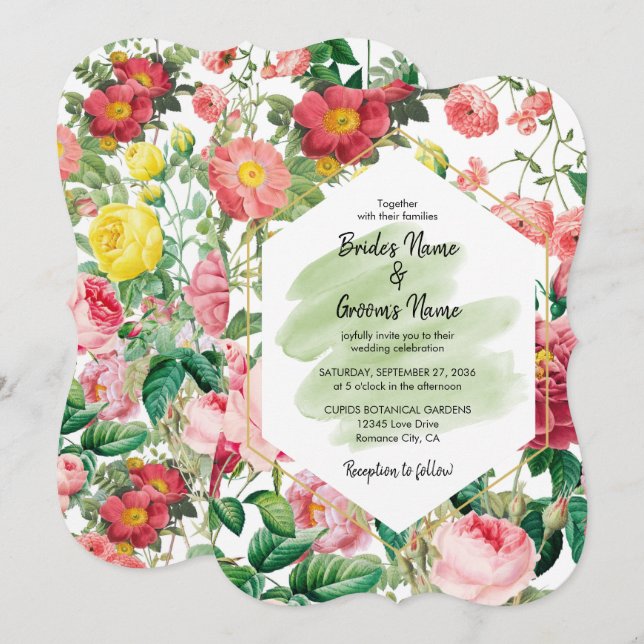 Invitation Jardin Floral, Aquarelle et Mariage géométrique In (Devant / Derrière)