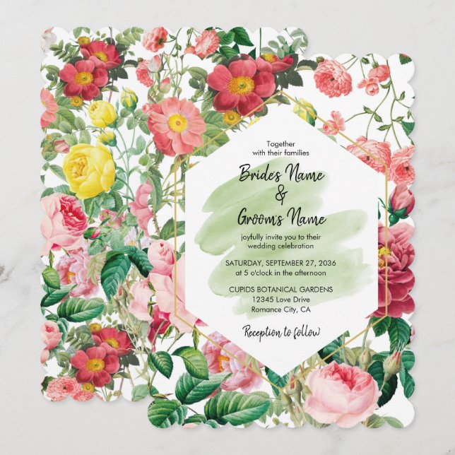 Invitation Jardin Floral, Aquarelle et Mariage géométrique In (Devant / Derrière)