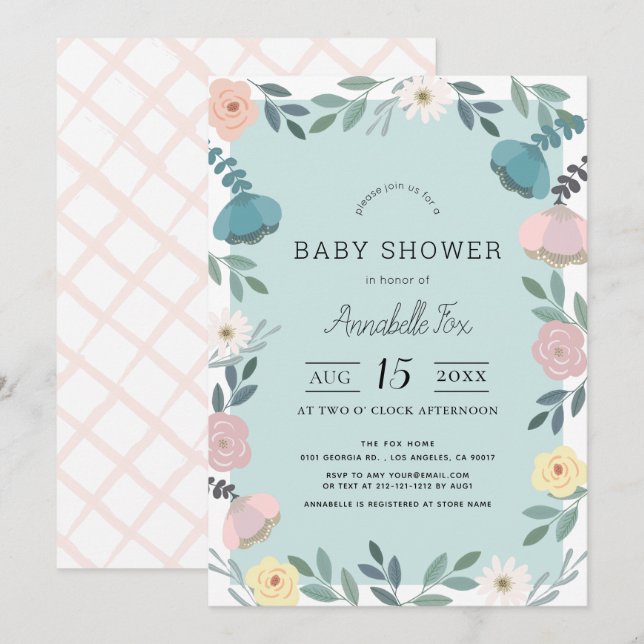 Invitation Jardin Floral Baby shower bleu clair (Devant / Derrière)