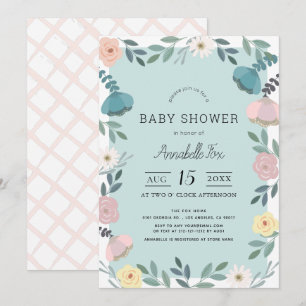 Invitation Jardin Floral Baby shower bleu clair