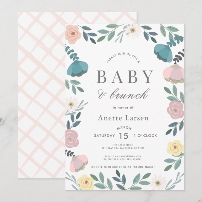 Invitation Jardin Floral Blanc Fille Brunch Baby shower (Devant / Derrière)
