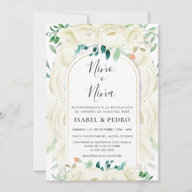 Invitation Jardin Floral Blanc Moderne Espagnol Sexe Révéler (Devant)