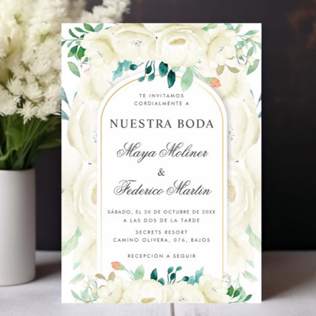 Invitation Jardin Floral Blanc Nuestra Boda Mariage espagnol (Créateur téléchargé)