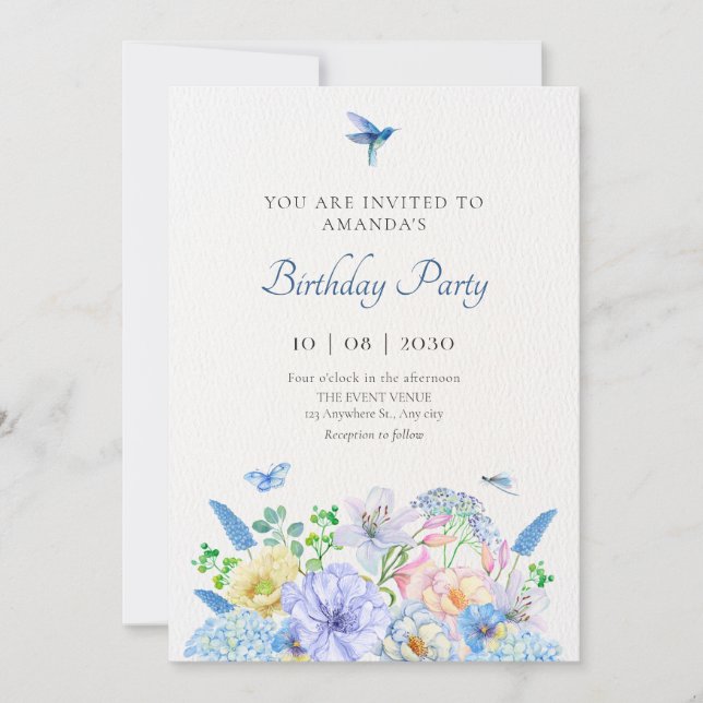 Invitation Jardin floral bleu esthétique anniversaire (Devant)