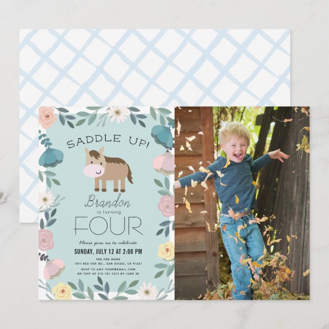 Invitation Jardin Floral Bleu Horse Boy Photo Anniversaire (Devant / Derrière)