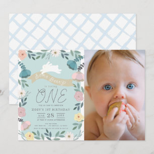Invitation Jardin Floral Bleu Lapin Blanc Photo 1er Anniversa