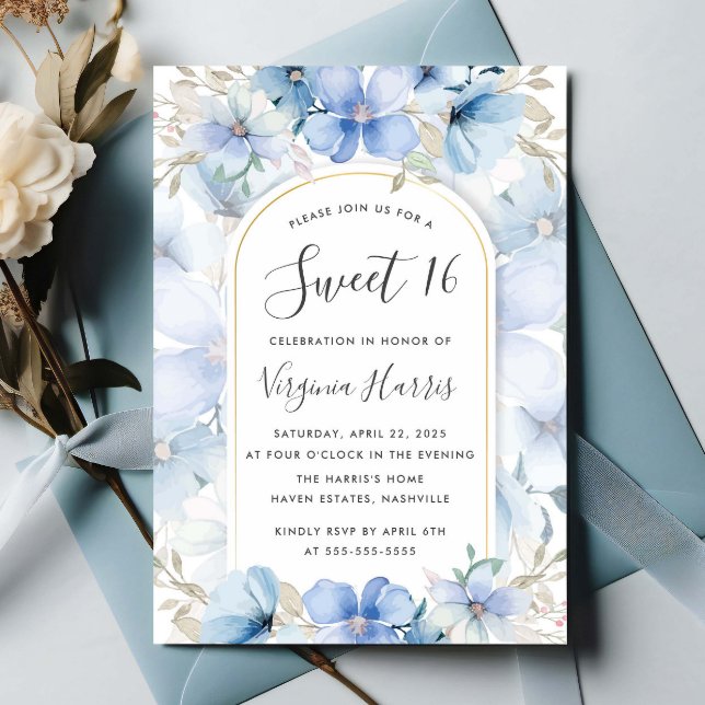 Invitation Jardin Floral Bleu Sweet sixteen 16 Anniversaire (Créateur téléchargé)