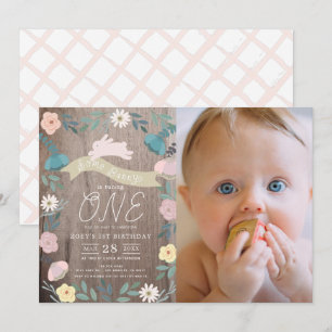 Invitation Jardin Floral Bois Bunny Girl Photo 1er anniversai