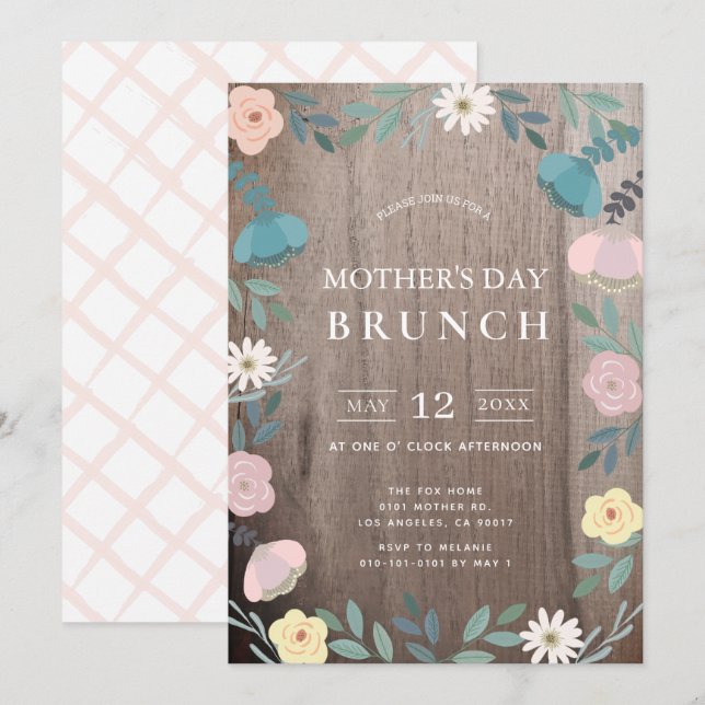 Invitation Jardin Floral Bois rustique Brunch Fête des Mères (Devant / Derrière)