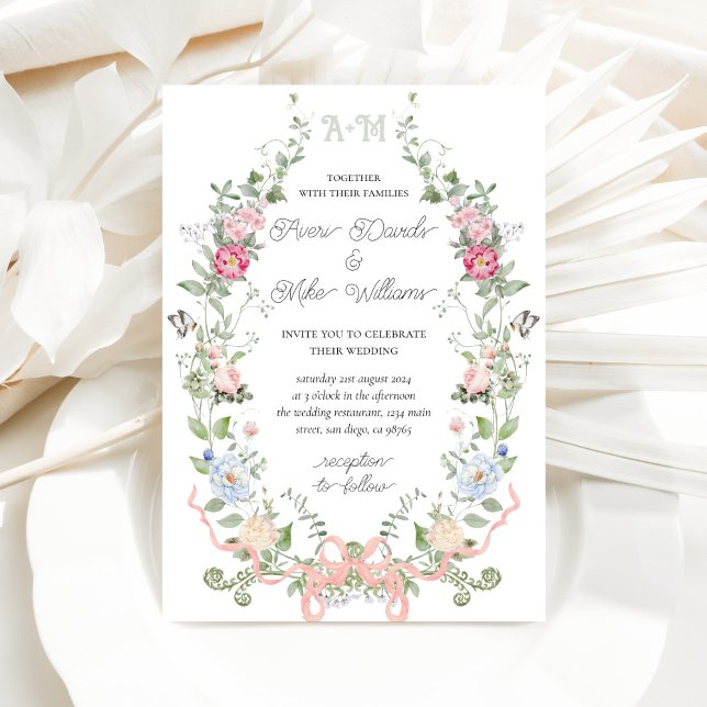 Invitation Jardin Floral Bow Monogramme Mariage (Créateur téléchargé)
