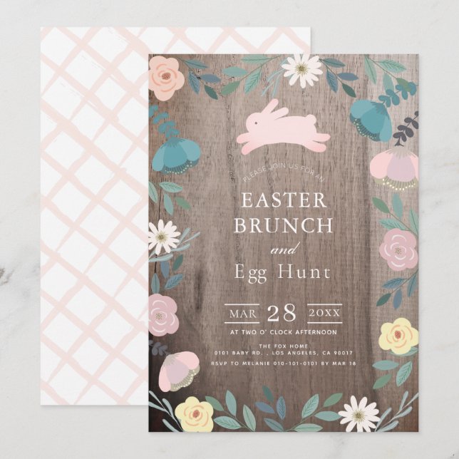 Invitation Jardin Floral Bunny rose Bois de Pâques Brunch (Devant / Derrière)