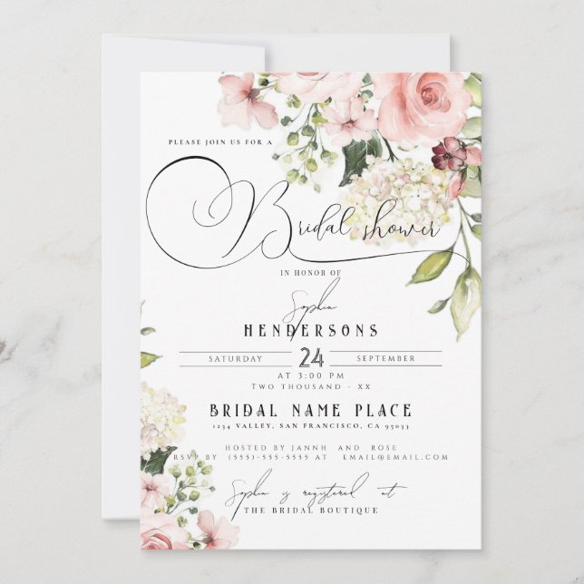 Invitation Jardin Floral Dusty Rose Fête des mariées de verdu (Devant)