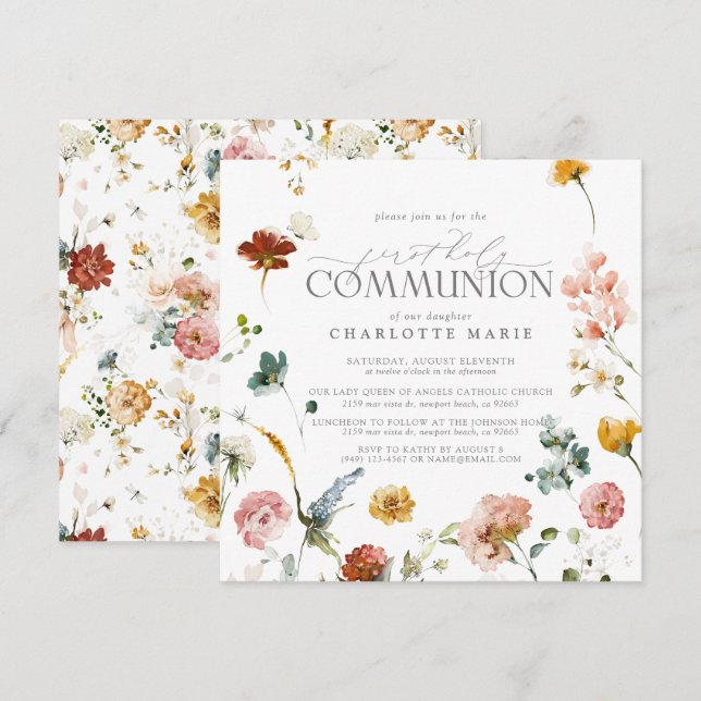 Invitation Jardin Floral Élégant Première Sainte Communion Fi (Devant / Derrière)