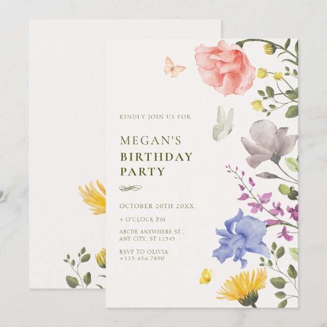Invitation Jardin floral esthétique anniversaire (Devant / Derrière)