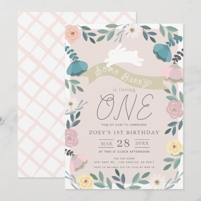 Invitation Jardin Floral Fille Lapin Rose Blanc 1er Anniversa (Devant / Derrière)