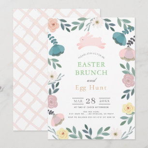 Invitation Jardin Floral Lapin Rose Blanc Brunch de Pâques