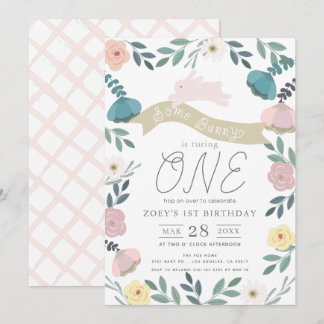 Invitation Jardin Floral Lapin Rose fille 1er anniversaire