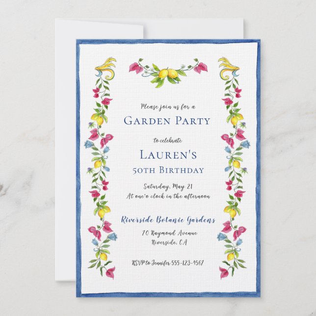 Invitation Jardin Floral Méditerranéen Fête d'anniversaire (Devant)
