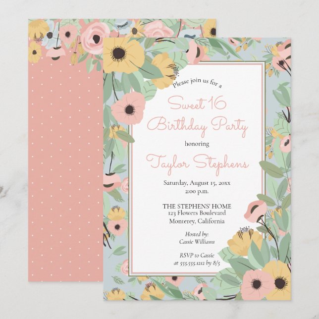 Invitation Jardin Floral rose | Bouquet jaune Doux 16 Parti (Devant / Derrière)
