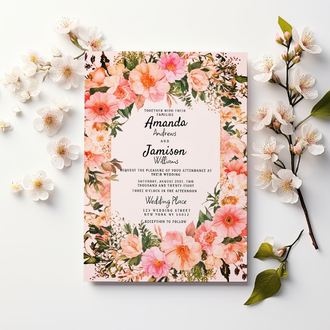 Invitation Jardin Floral rose Élégance Mariage (Pink Floral Elegance Garden Blossoms Wedding )