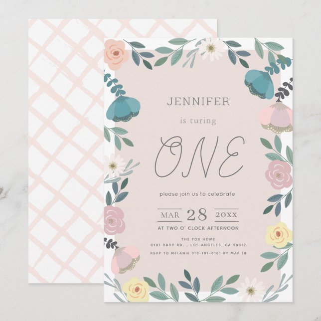 Invitation Jardin Floral rose GIrl 1er anniversaire (Devant / Derrière)