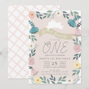 Invitation Jardin floral rose lapin blanc fille 1er anniversa