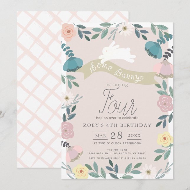 Invitation Jardin floral rose lapin blanc fille Anniversaire (Devant / Derrière)