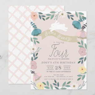 Invitation Jardin floral rose lapin blanc fille Anniversaire