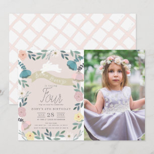 Invitation Jardin floral rose lapin blanc fille photo Anniver