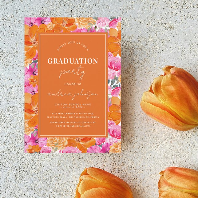 Invitation Jardin Floral rose Orange moderne Parti Graduation (Créateur téléchargé)