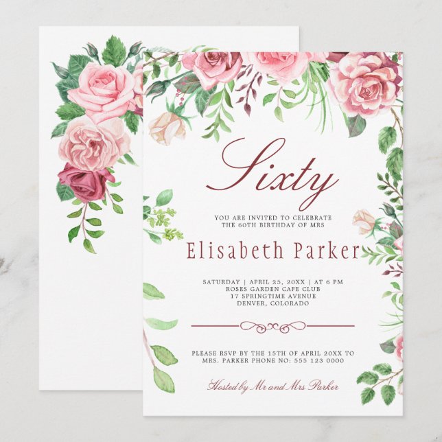 Invitation Jardin floral rose roux 60e fête d'anniversaire (Devant / Derrière)