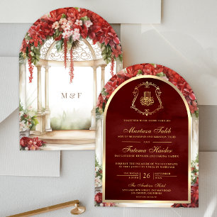 Invitation Jardin Floral Rouge de l'Arche de Mariage Musulman