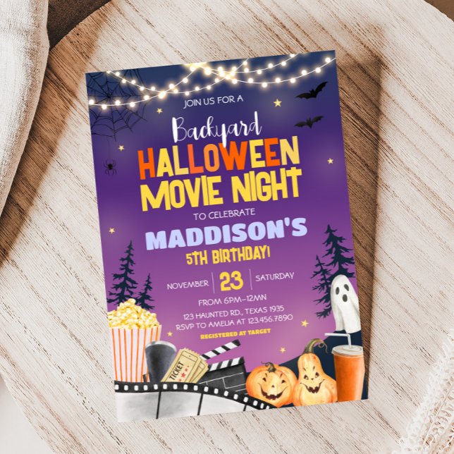 Invitation Jardin Halloween Anniversaire Soirée cinéma (Backyard Cute Halloween Party Movie Night Party Invitation)