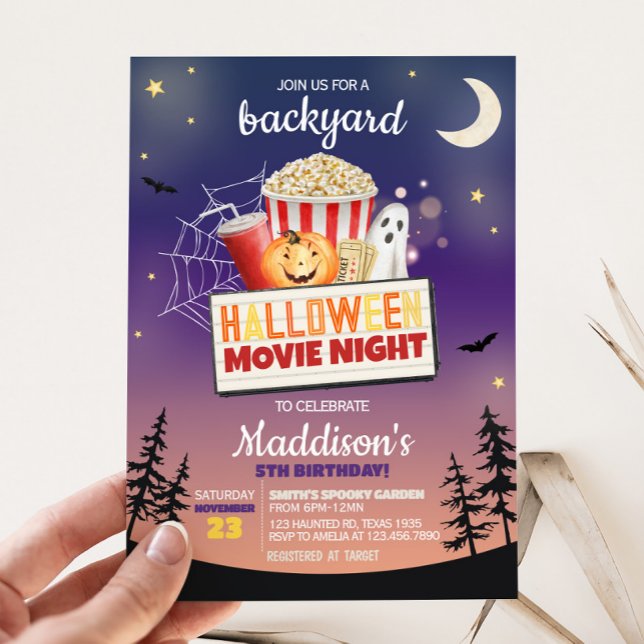 Invitation Jardin Halloween Film Nuit Anniversaire (Outdoor Backyard Halloween Movie Night Party Invitation )