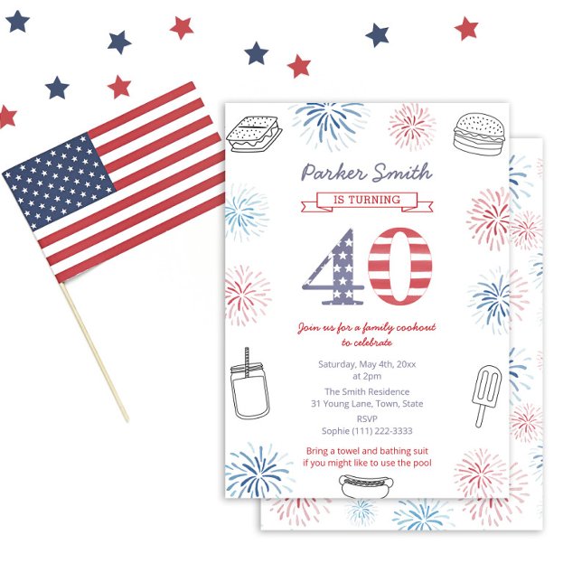 Invitation Jardin informel 40e fête d'anniversaire (40th birthday party design featuring red and blue fireworks with cookout or grill party icons)