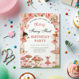 Invitation Jardin magique Fées roses Premier 1er anniversaire
