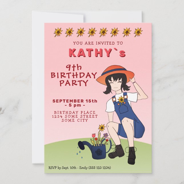 Invitation Jardin mignon Fleurs Filles Cheveux Noir Anniversa (Devant)
