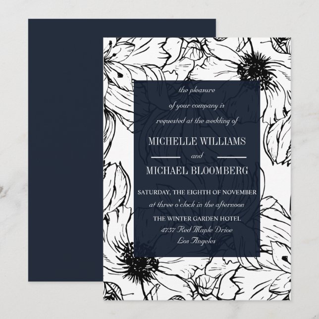 Invitation Jardin moderne | Bleu | mariage floral (Devant / Derrière)