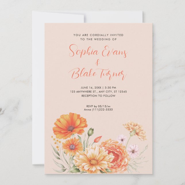 Invitation Jardin moderne orange et rose Mariage beige (Devant)