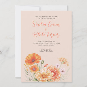 Invitation Jardin moderne orange et rose Mariage beige