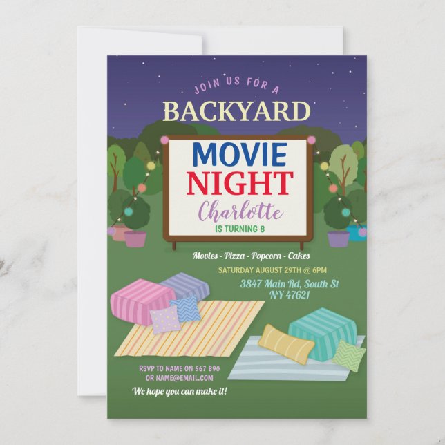 Invitation Jardin Movie Soirée Fête Anniversaire Popcorn Film (Devant)